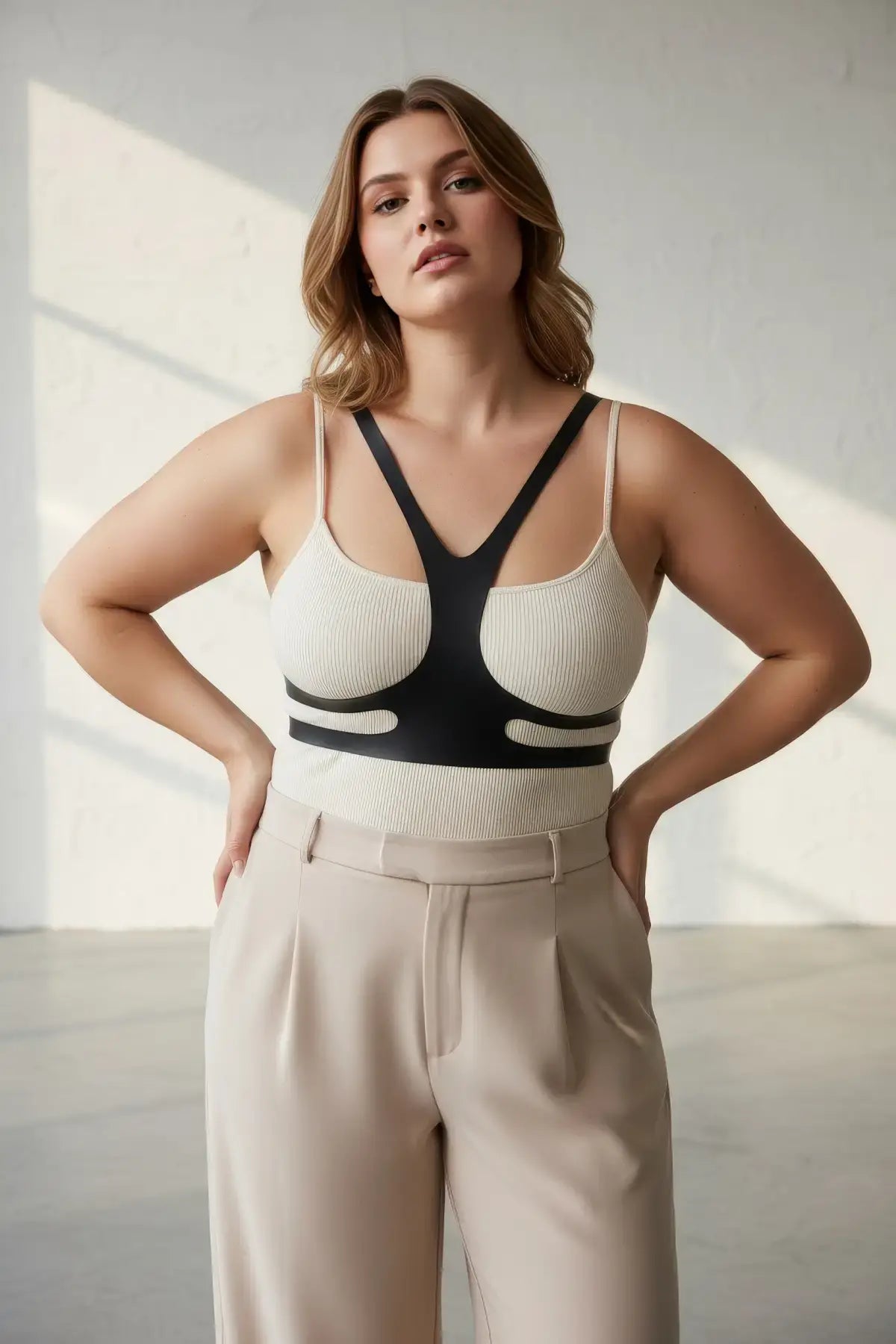 Plus size vegan leather body harness belt in black, worn over a beige ribbed top