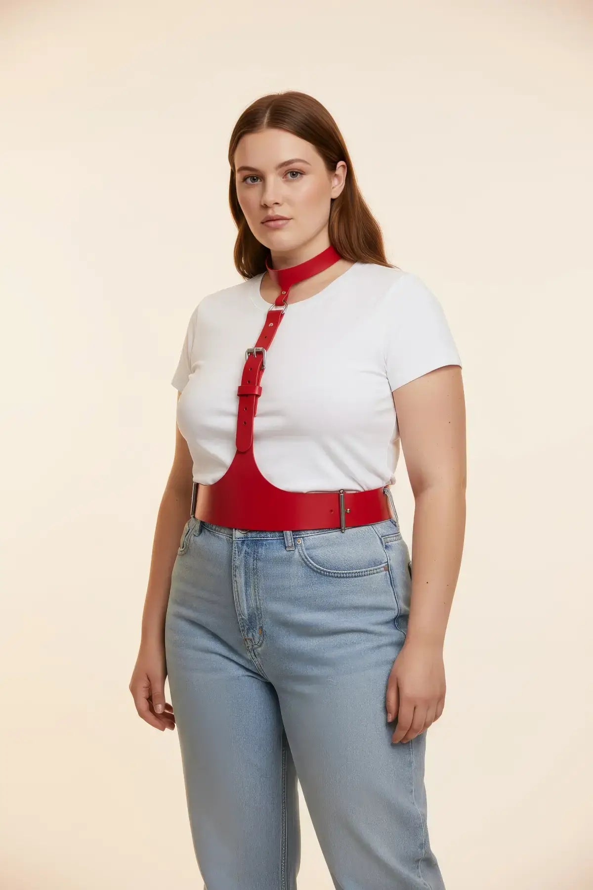 Plus Size Vegan Leather Corset Harness by HarnessClub; red belt-style festival body accessory