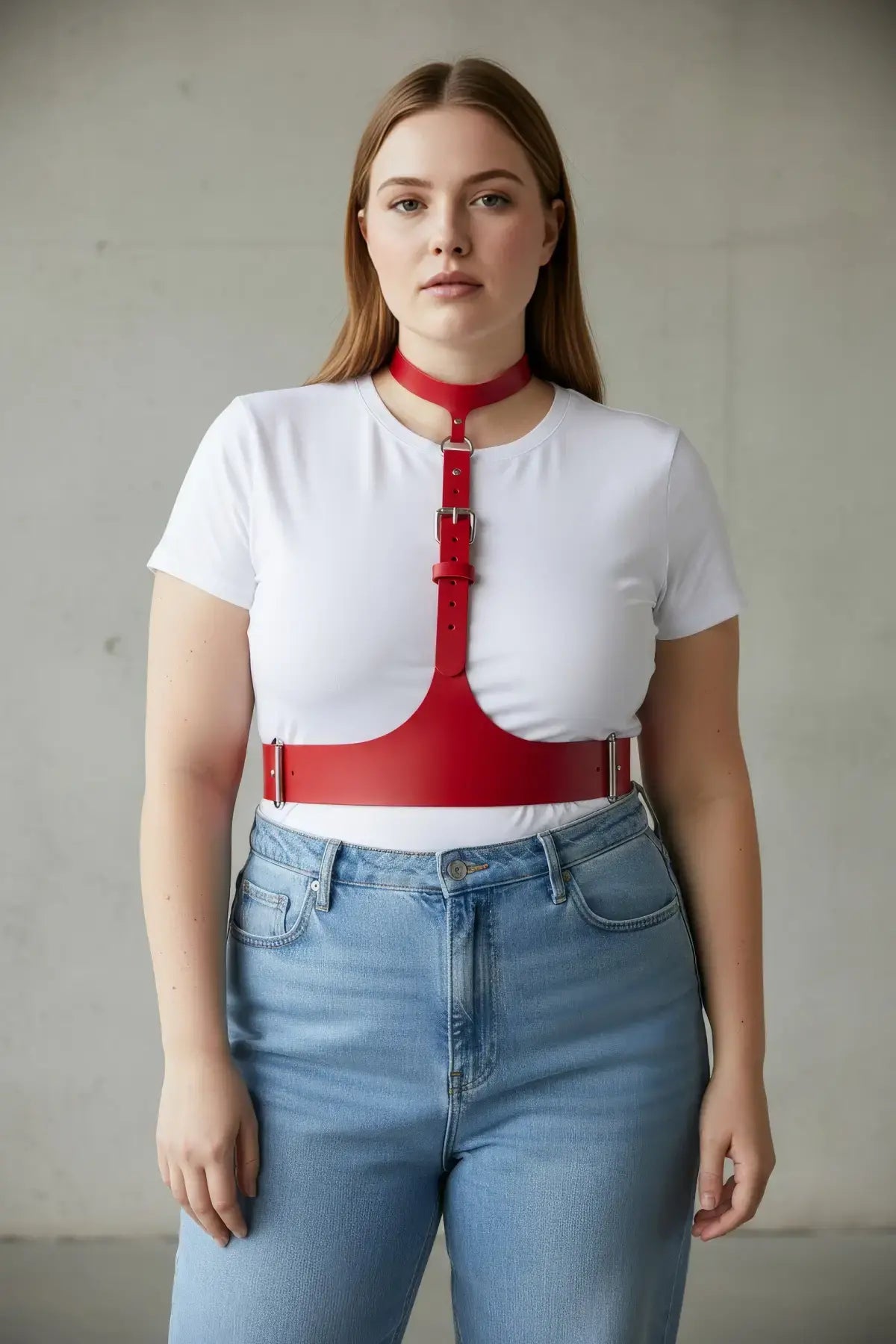 Plus-size red vegan leather corset harness worn over a white T-shirt with a wide waist belt.