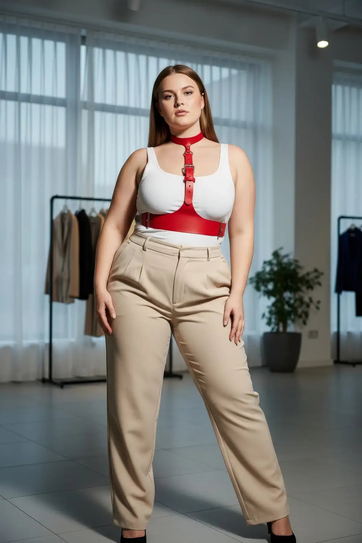 Plus size vegan leather corset harness by HarnessClub worn over white top with red belt-style straps