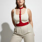 Plus Size Vegan Leather Corset Harness, red with metal buckles, worn over a white top