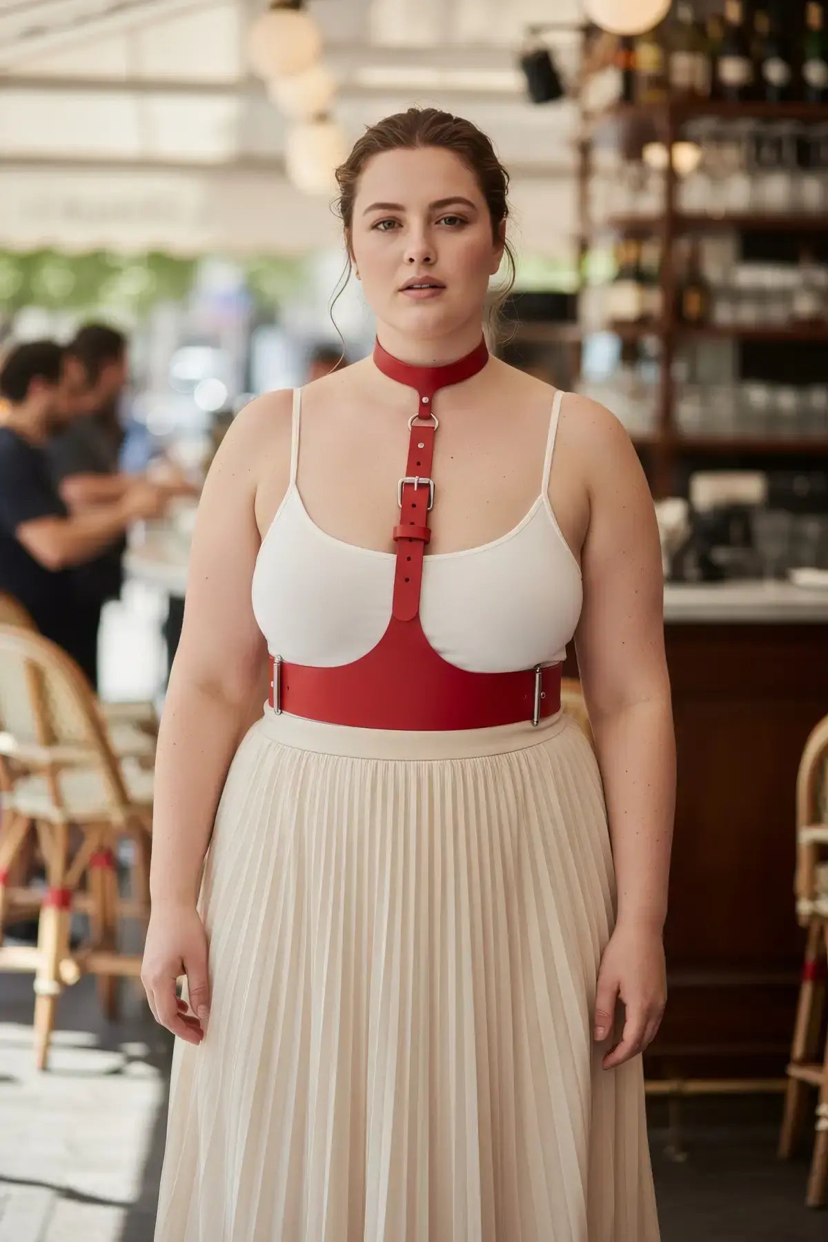 Plus Size Vegan Leather Corset Harness by HarnessClub, red neck-to-waist belt with buckles.
