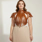Plus Size Vegan Leather Corset Harness by HarnessClub; tan brown strappy neck collar with rivet accents
