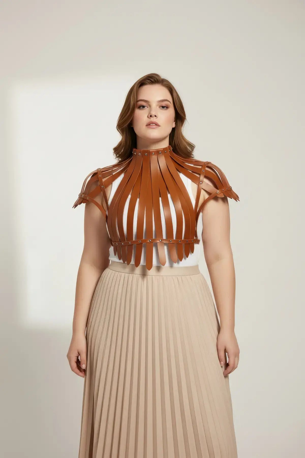 Plus Size Vegan Leather Corset Harness by HarnessClub; tan brown strappy neck collar with rivet accents