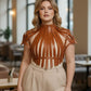Plus Size Vegan Leather Corset Harness by HarnessClub with shoulder straps and rivet details in tan brown.