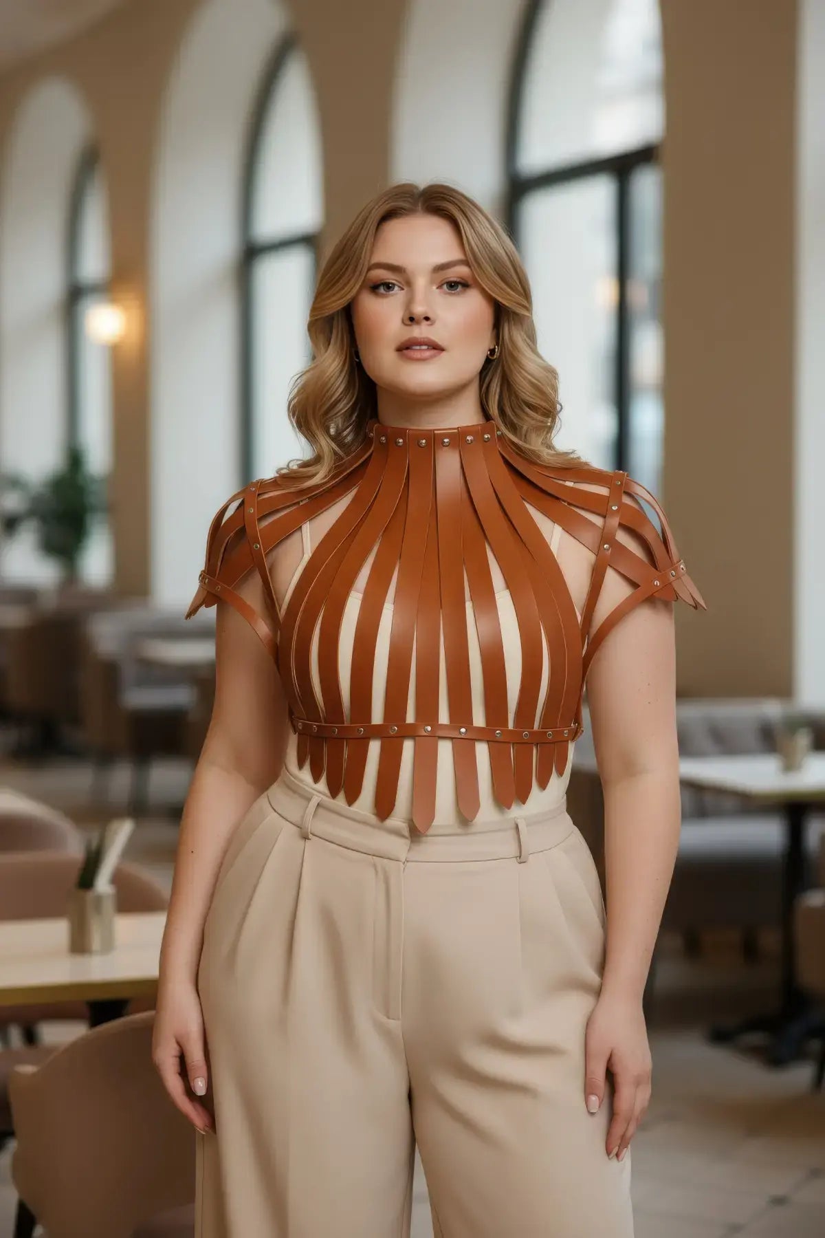 Plus Size Vegan Leather Corset Harness by HarnessClub with shoulder straps and rivet details in tan brown.