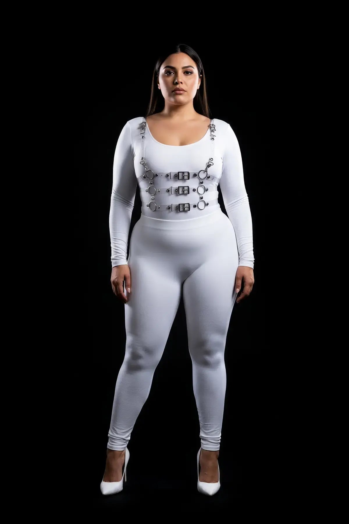 Plus-size white triple-buckle chest harness in vegan leather by HarnessClub on model wearing a white bodysuit