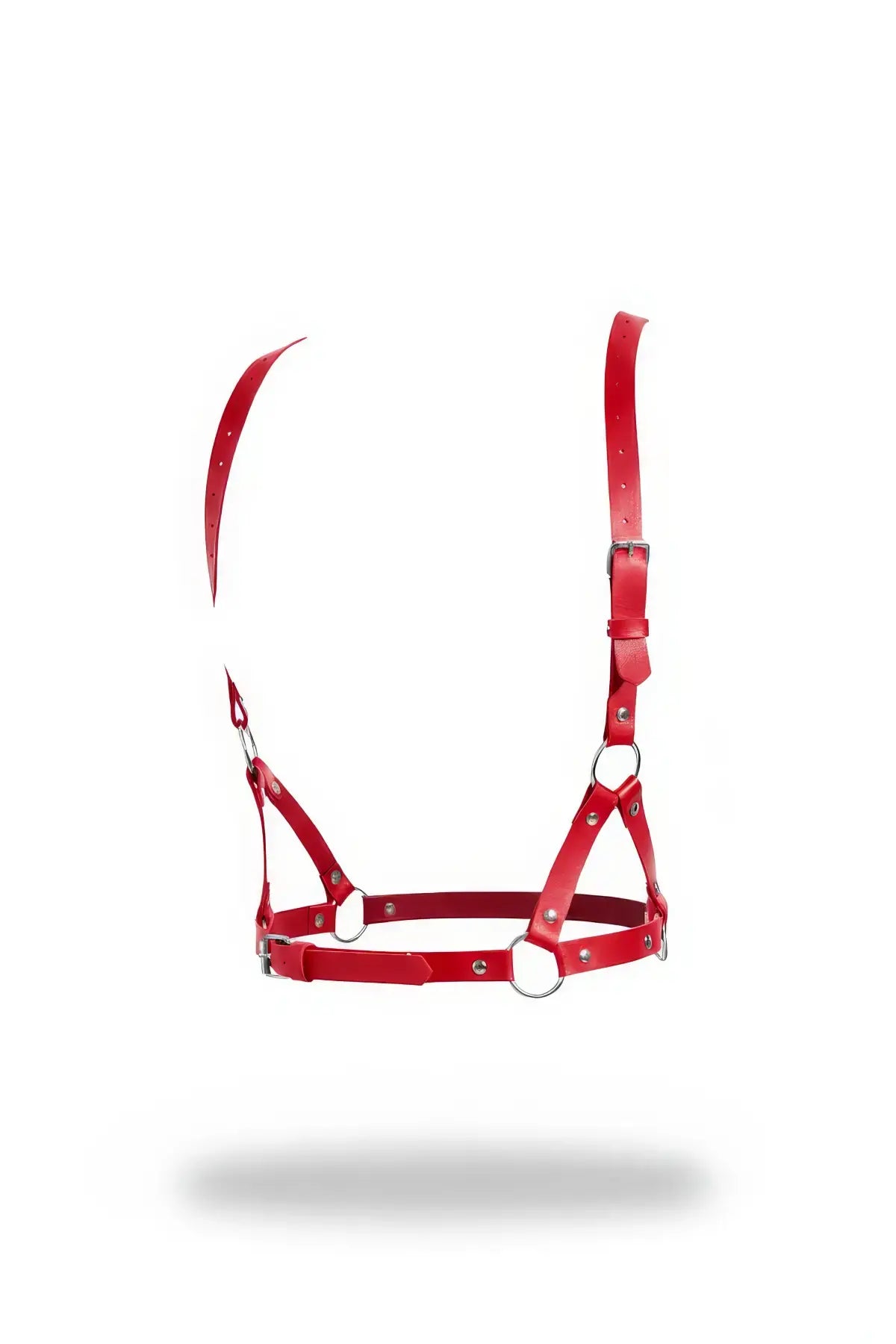 HarnessClub red vegan leather triangle-strap chest harness with adjustable straps and metal rings