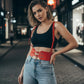Red Buckle Waist Cincher Belt with Straps, vegan leather corset belt