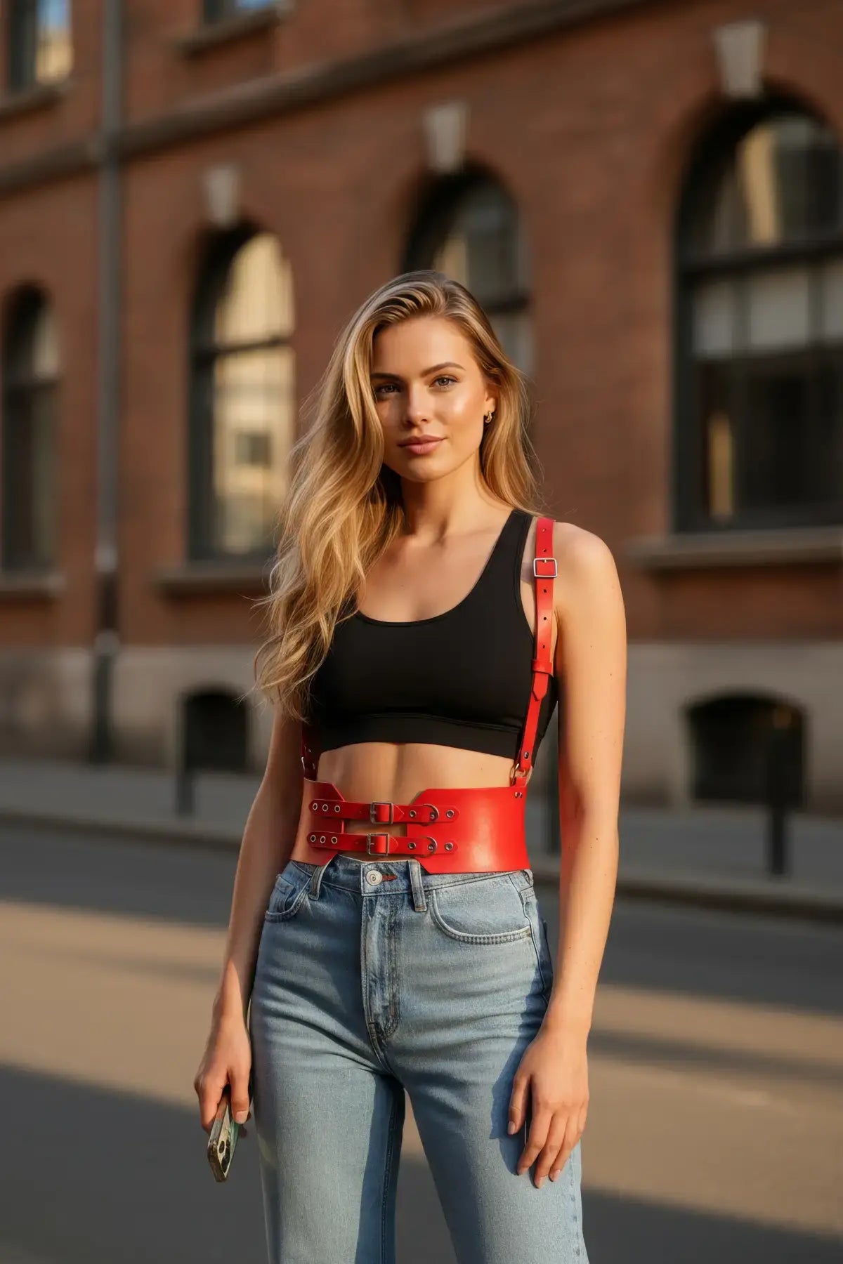 Red buckle waist cincher belt with straps, vegan leather corset belt worn over a black crop top