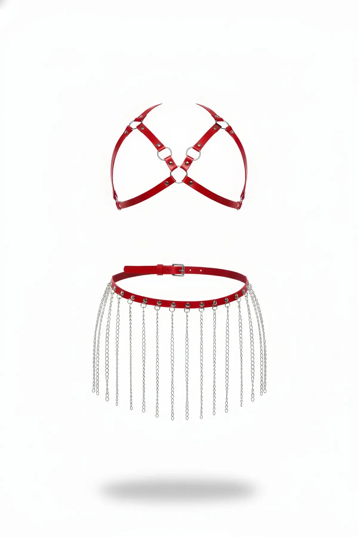 HarnessClub red cage harness and chain-fringe skirt set; vegan leather two-piece.