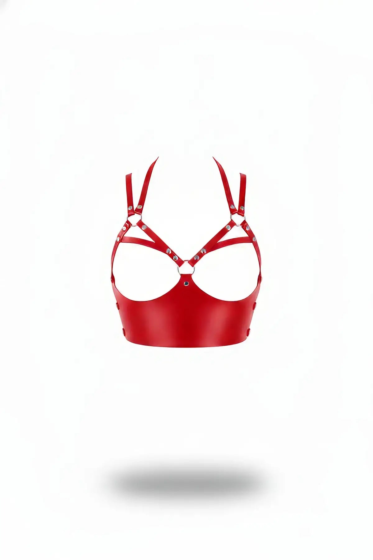 Red vegan leather overbust corset bustier with cage straps and metal studs.
