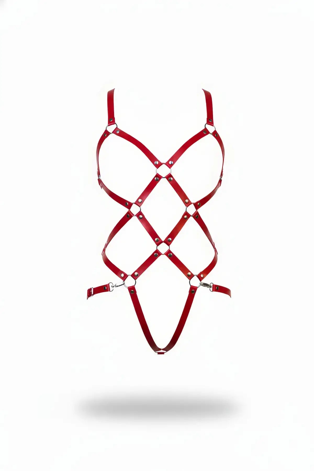 Red vegan leather caged lattice O-ring body harness with cross straps
