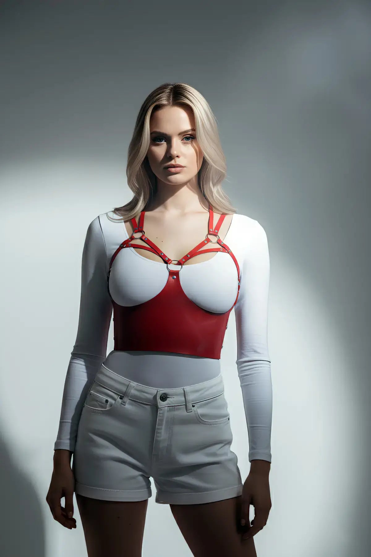 HarnessClub red caged-strap overbust corset bustier, vegan leather with metal rings.