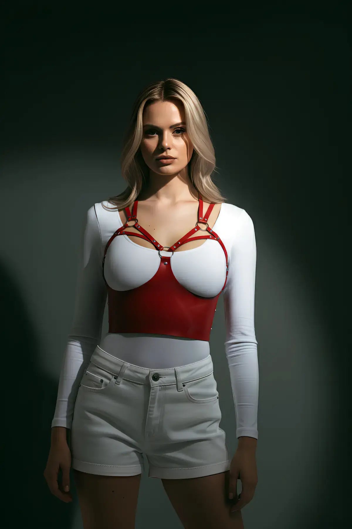 Red vegan-leather caged-strap overbust corset bustier worn over a white top