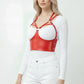 Red caged strap overbust corset bustier in vegan leather