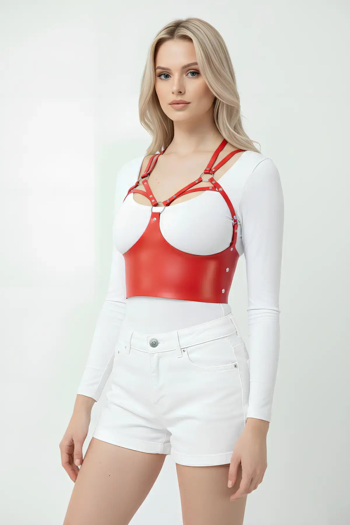 Red caged strap overbust corset bustier in vegan leather