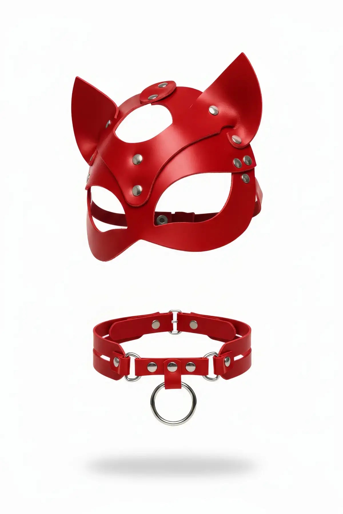 Red cat-ear vegan leather mask and choker set, two-piece with metal rivets, by HarnessClub