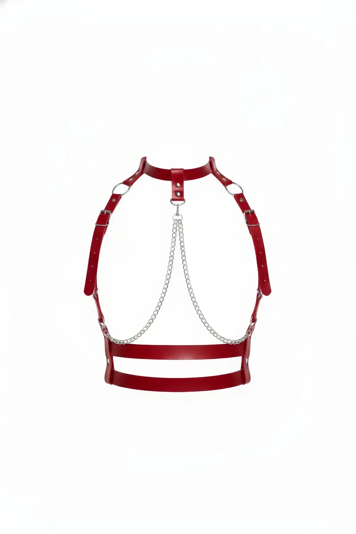 Red chain-detail vegan leather harness with silver chains and neck collar