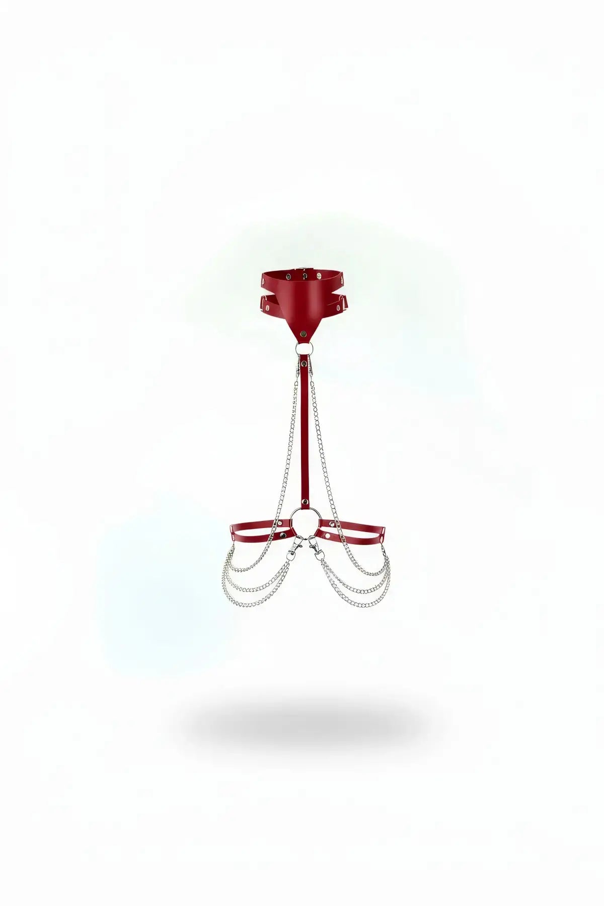 Red vegan-leather hip harness with chain drapes and metal rings by HarnessClub.