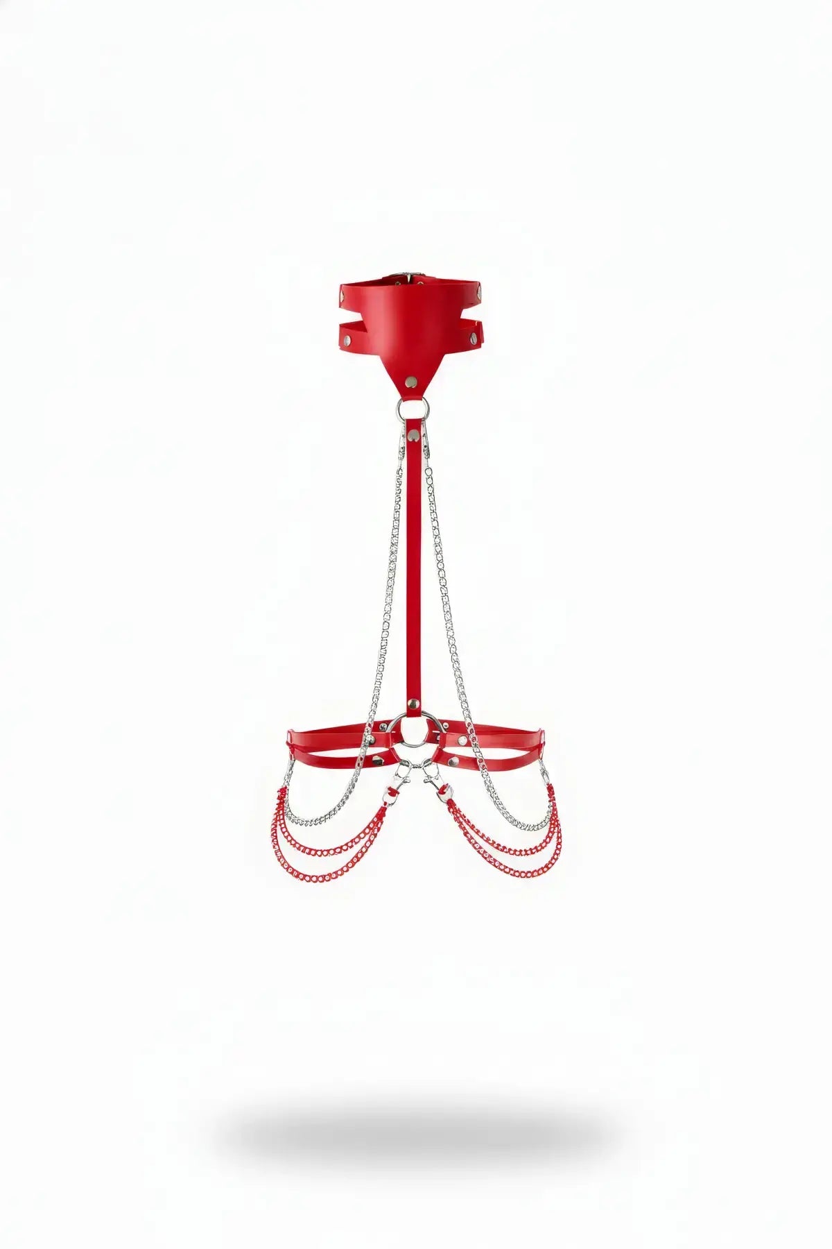 HarnessClub red chain-drape hip harness in vegan leather with silver chains