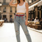 Red chain-drape waist belt by HarnessClub; vegan leather festival accessory with hanging silver chains