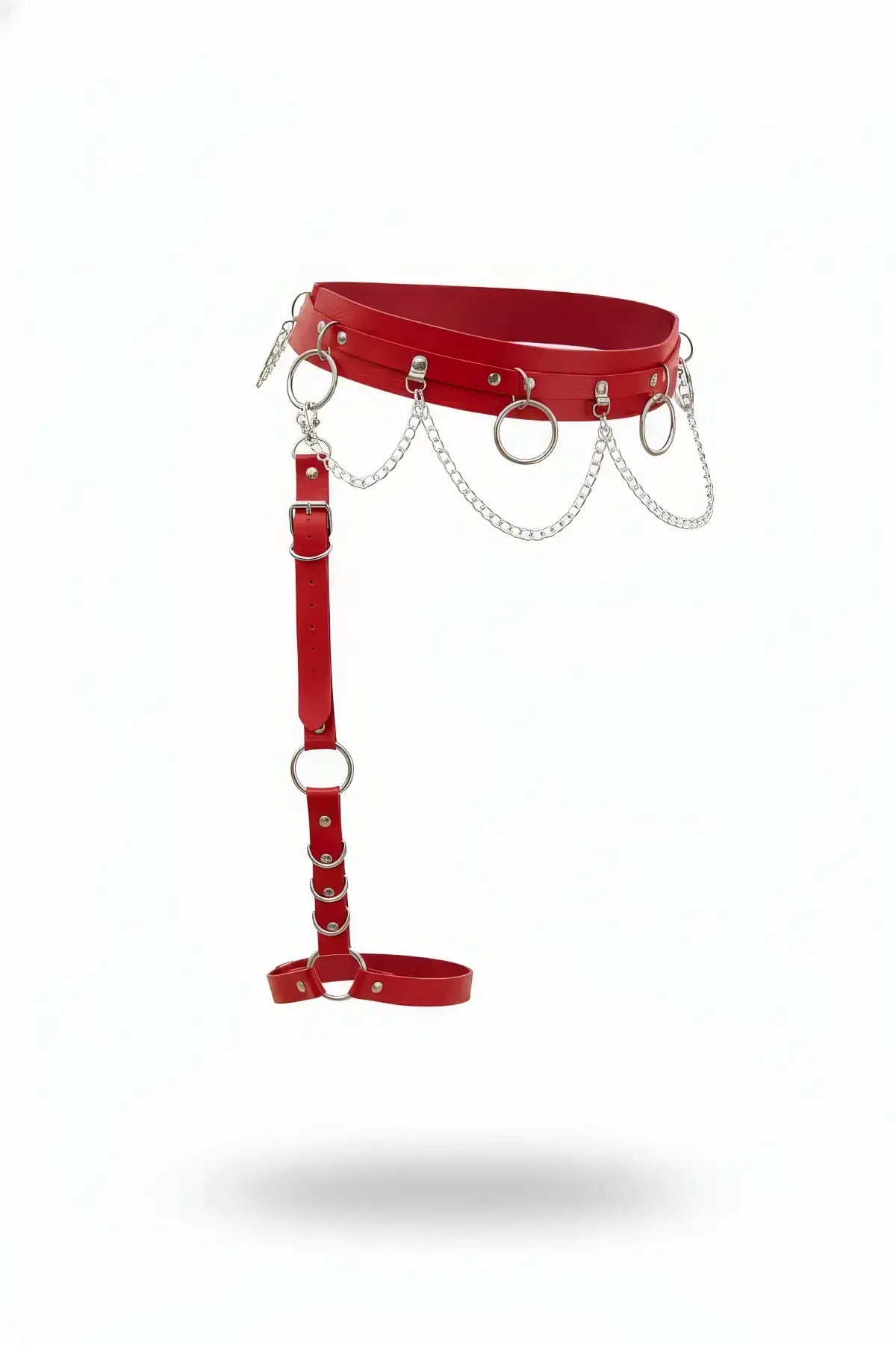 Red vegan leather garter thigh harness with chain drapes and silver rings.