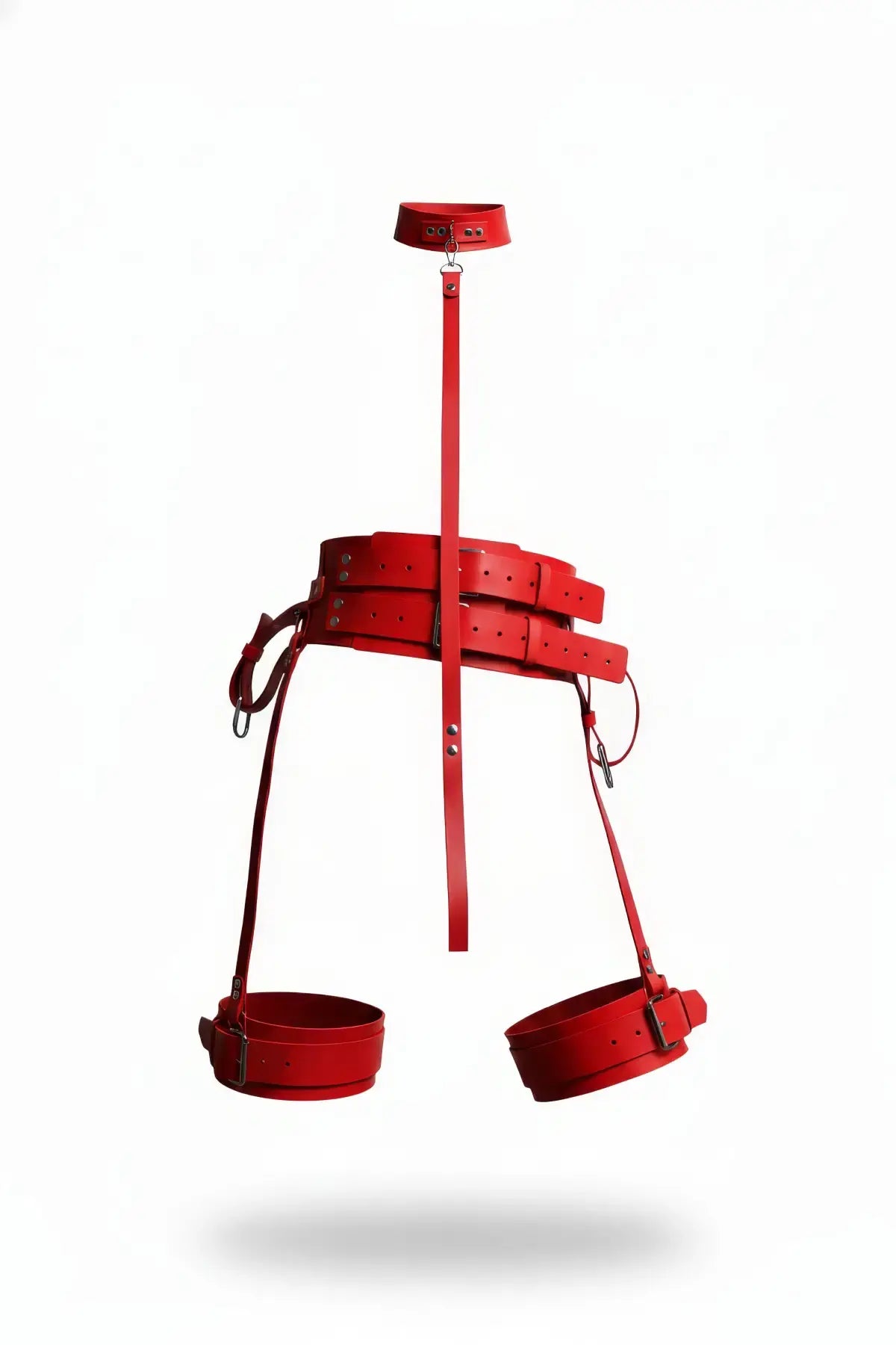 Red vegan leather collar waist belt and clip thigh cuffs harness set by HarnessClub