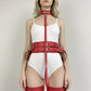 Red Collar Waist Belt and Thigh Cuffs Harness Set in vegan leather