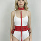 3-piece red vegan-leather collar, waist belt and thigh cuffs harness set by HarnessClub