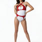 Red Cross-Chest Buckle & Chain Harness Set; vegan leather body accessory with metal chain accents