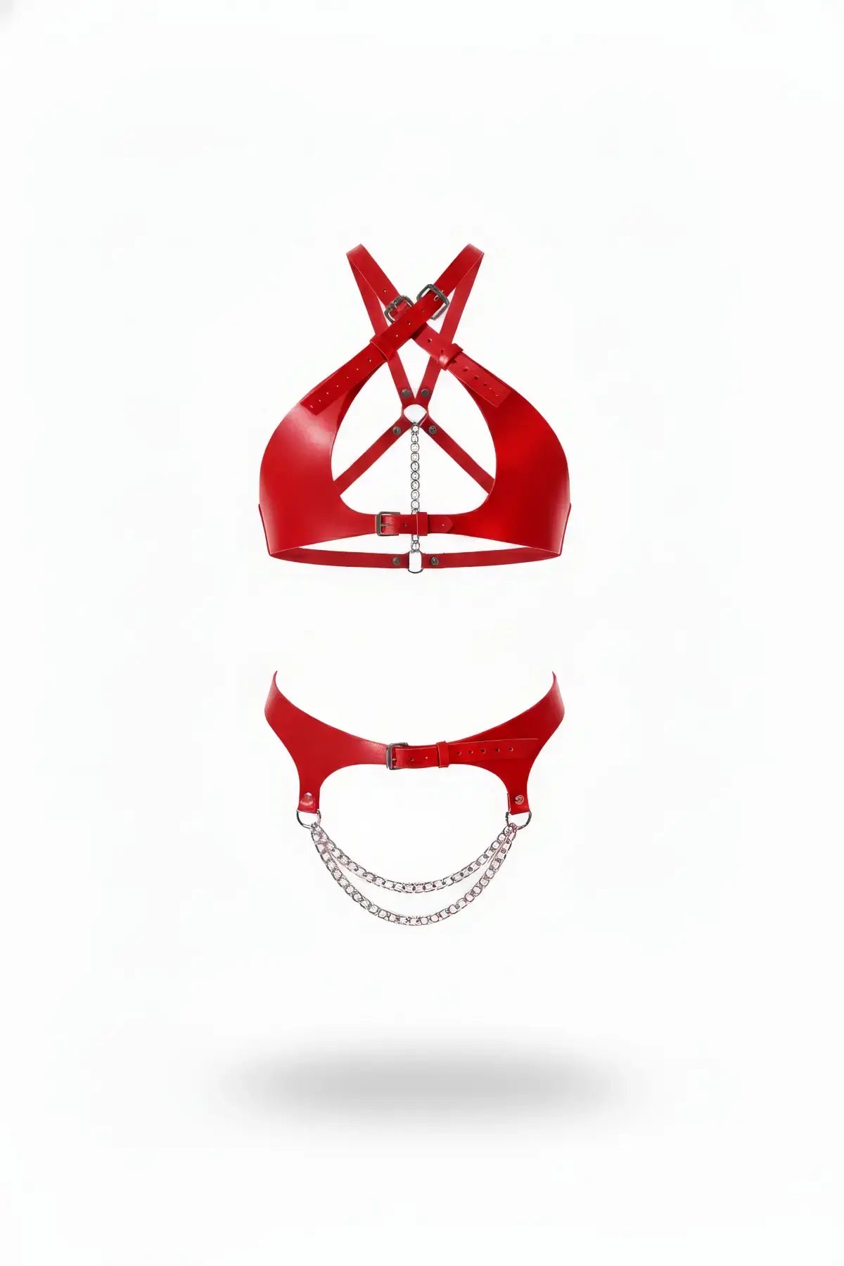 Red vegan-leather cross-strap harness set with chain detail; includes top harness and matching collar.