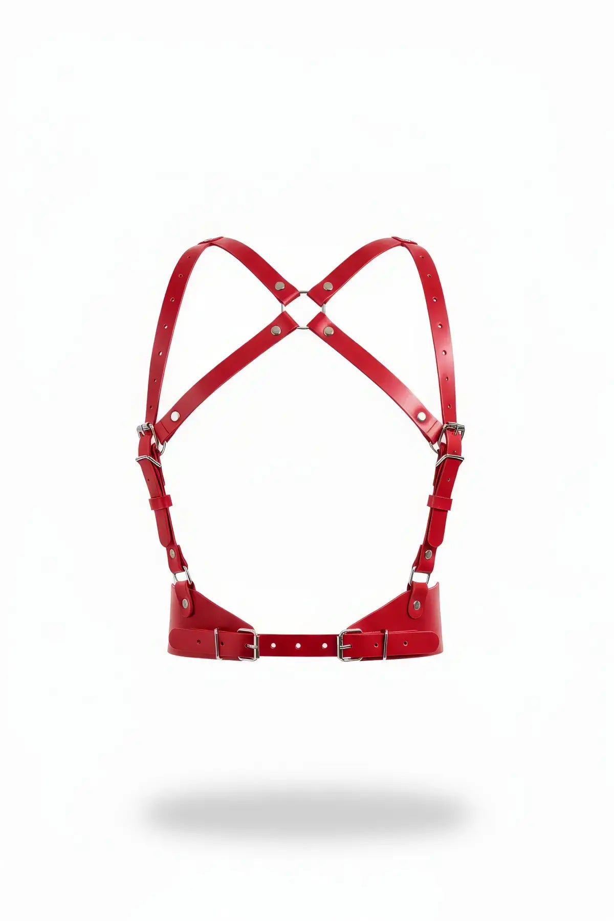 HarnessClub red cross-strap underbust vegan leather body harness with adjustable buckles