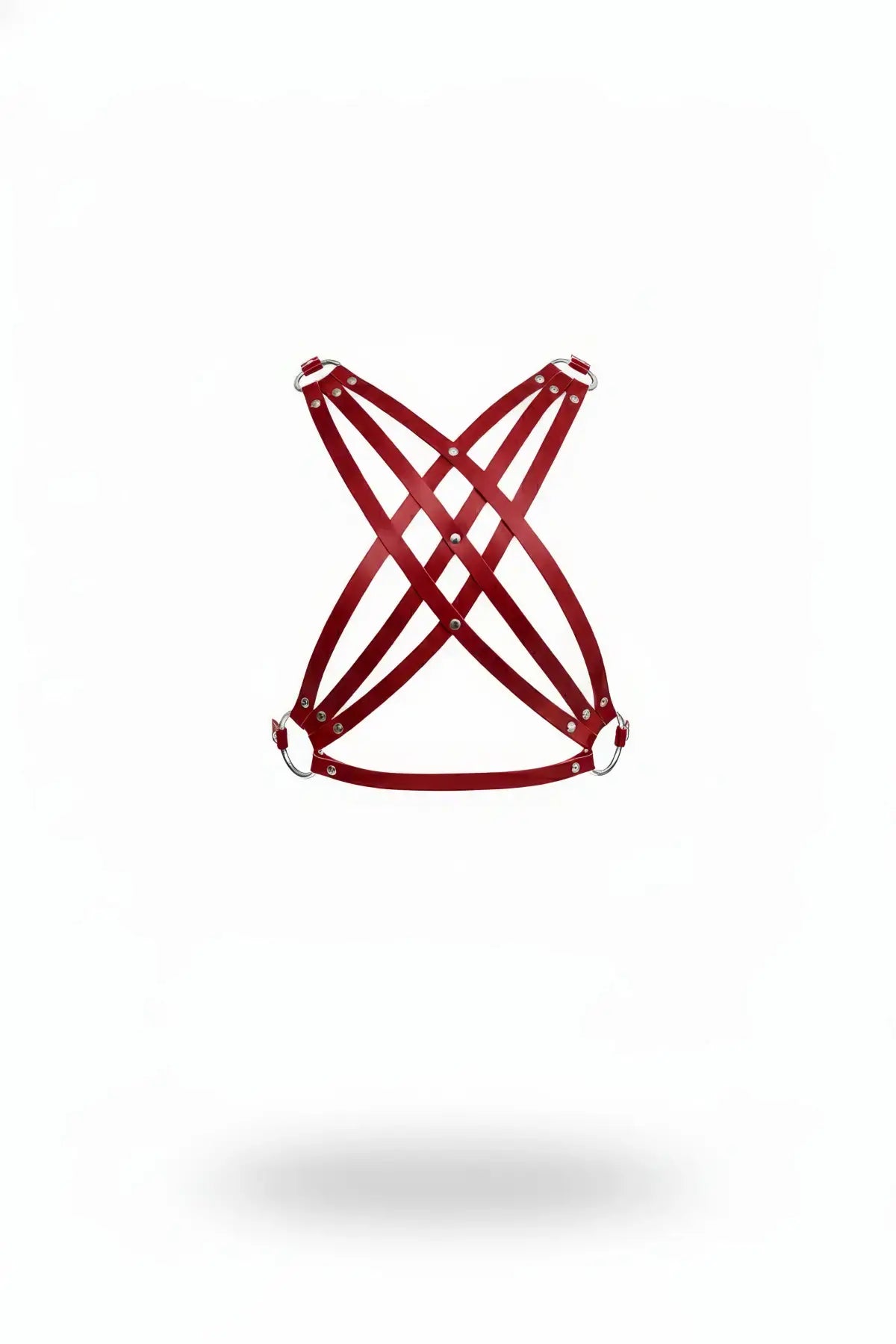 Red Crossed Cage Strappy Chest Harness in red vegan leather with crisscross straps by HarnessClub.