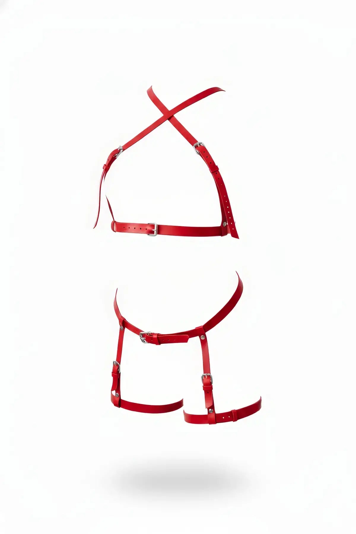 Red vegan leather crossover bust and thigh garter harness set by HarnessClub, two-piece