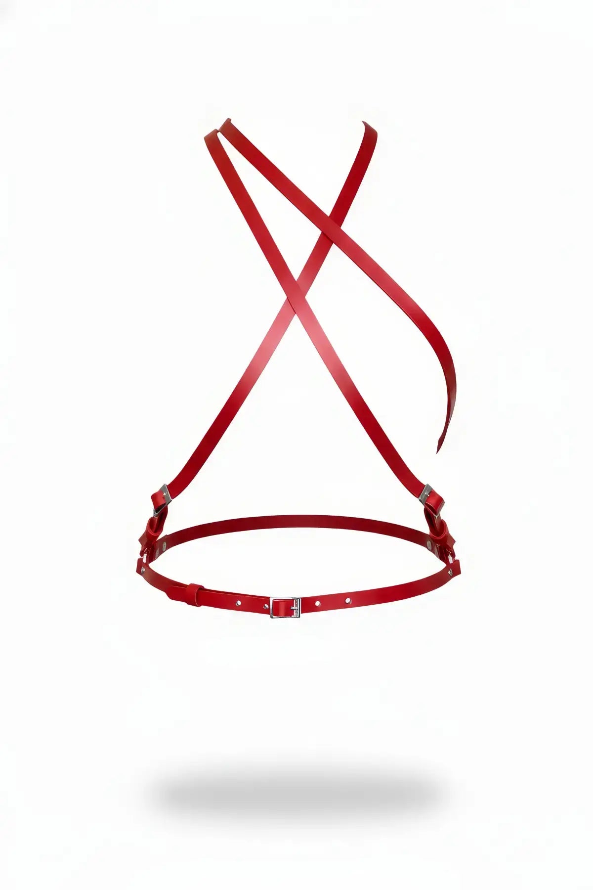 Red Crossover X-Strap Cage Harness in vegan leather with belt-style waist strap.