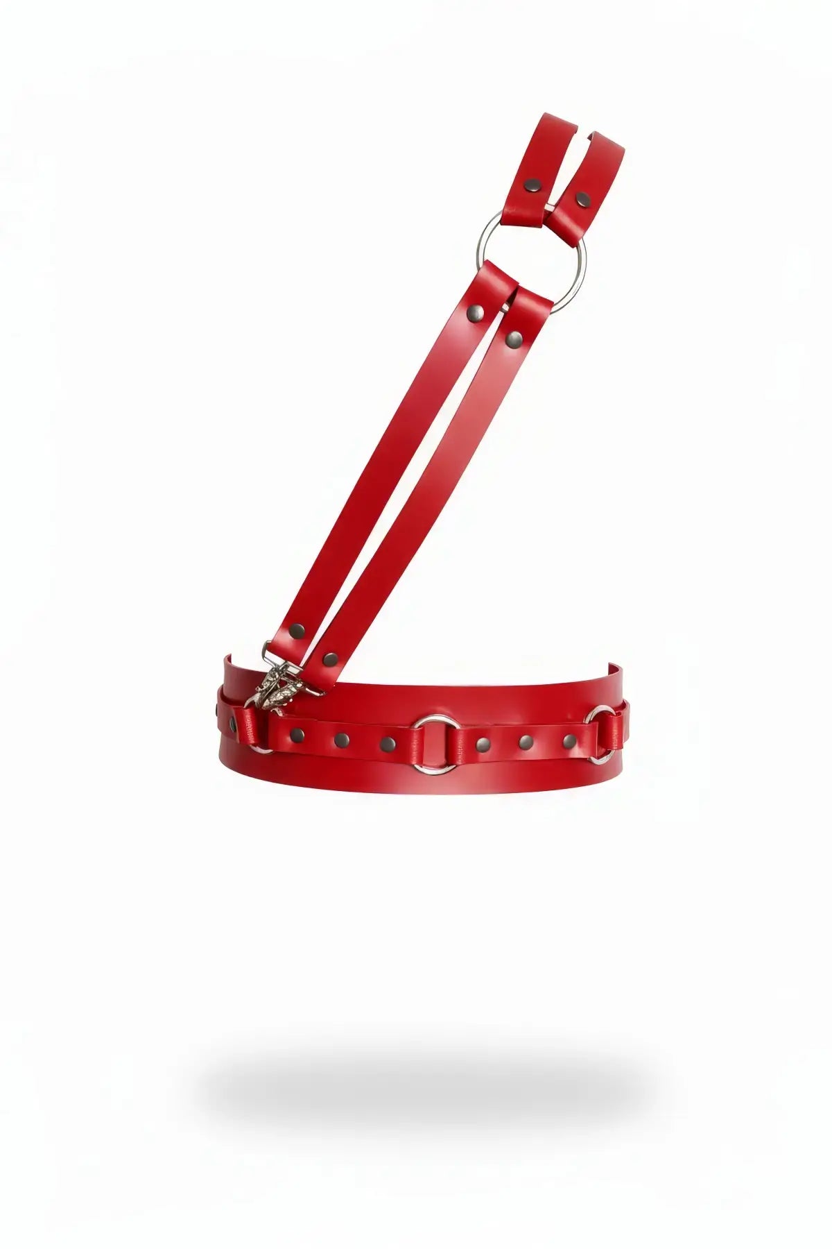 Red double-strap O-ring hip harness in vegan leather with metal rivets, by HarnessClub
