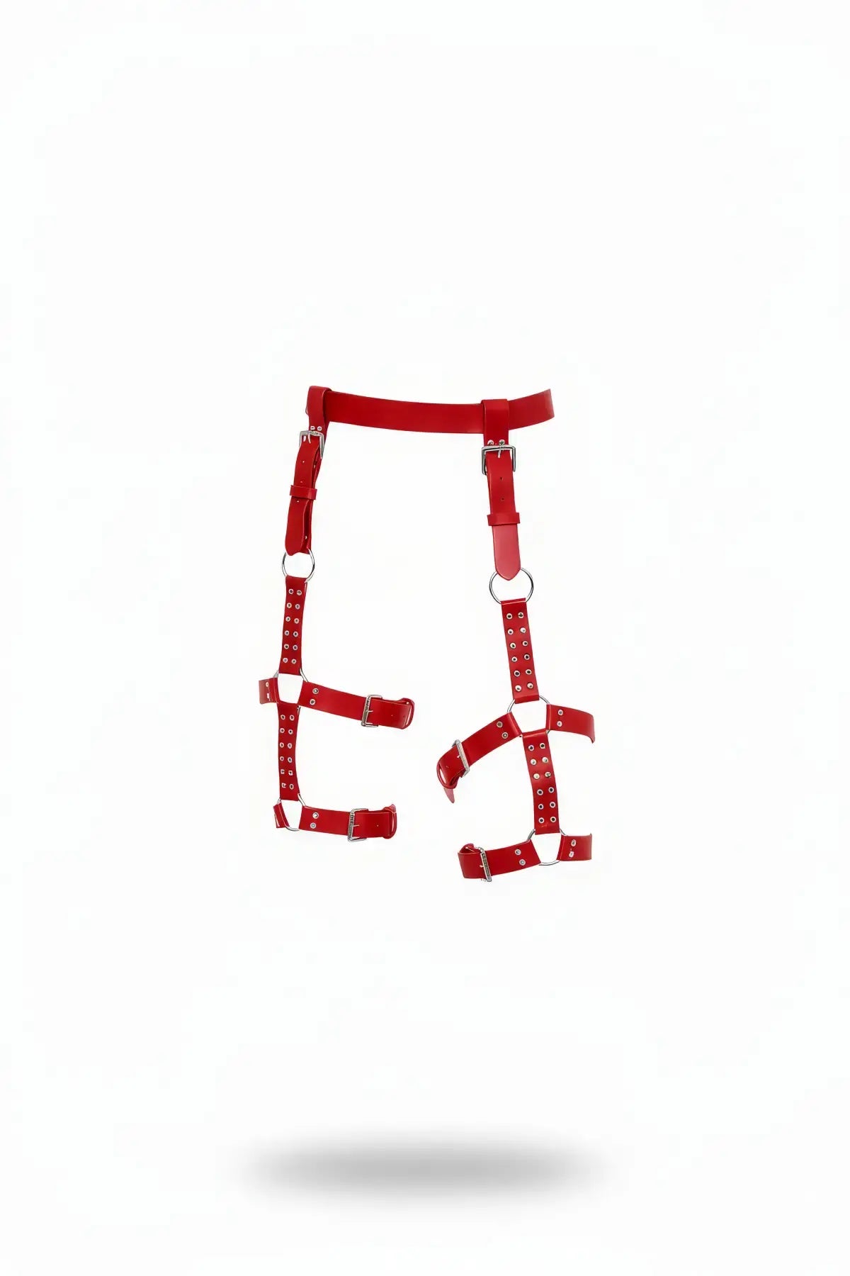 Red eyelet suspender thigh garter harness by HarnessClub, vegan leather, with two thigh straps