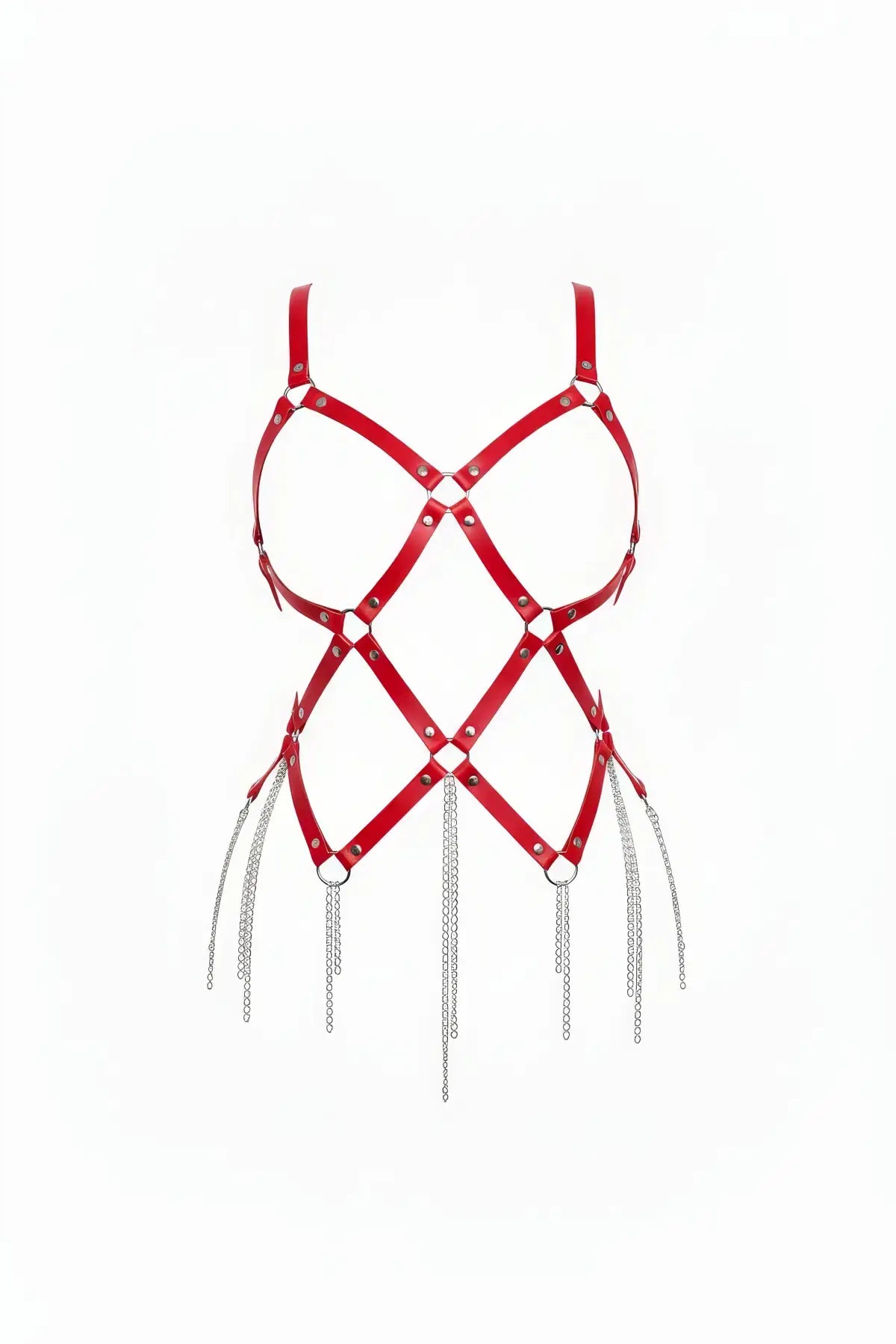 Kırmızı body harness, suni deri zincir püskül detaylı, HarnessClub