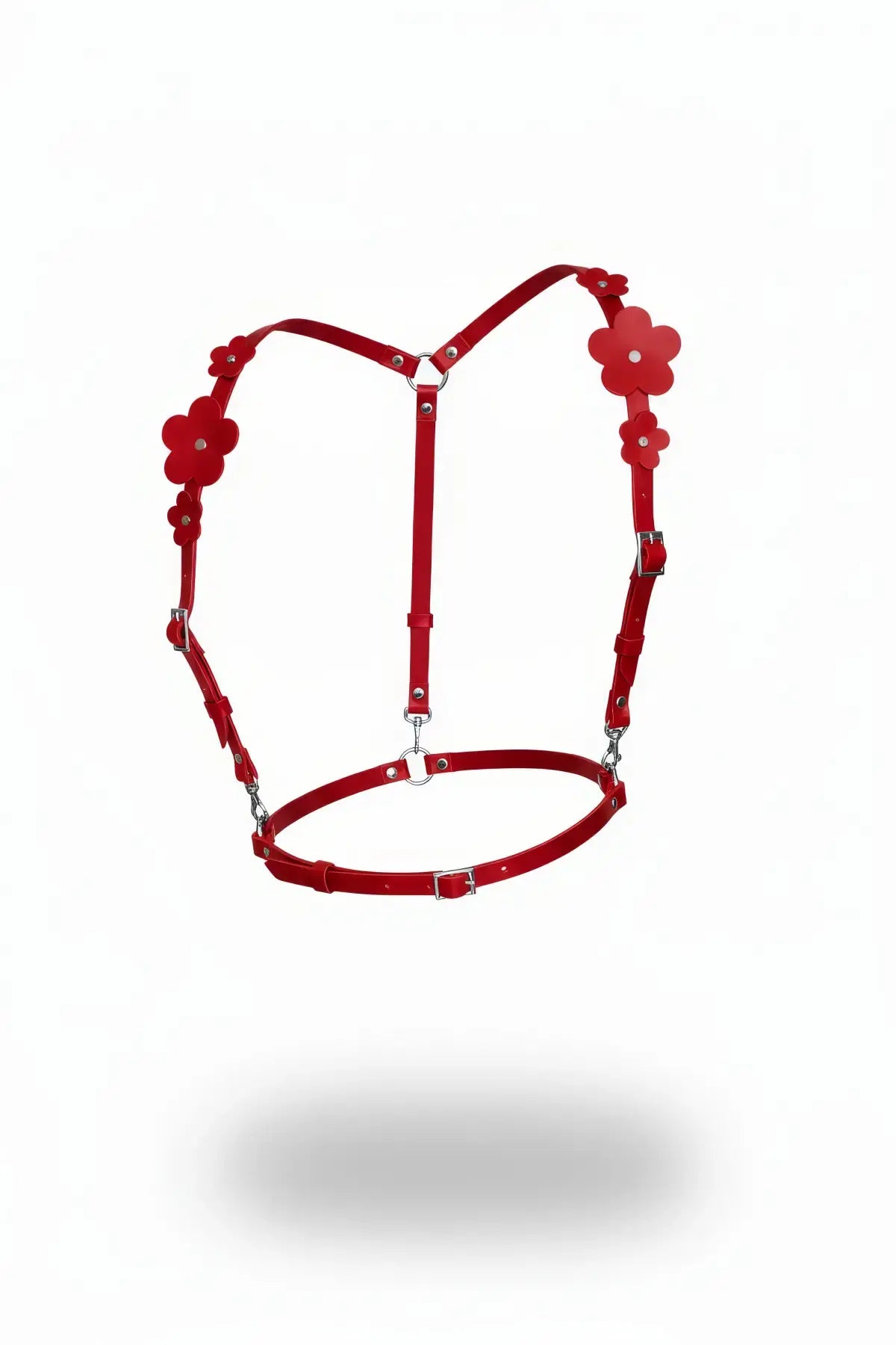 Red flower-appliqué chest harness in vegan leather with floral accents by HarnessClub