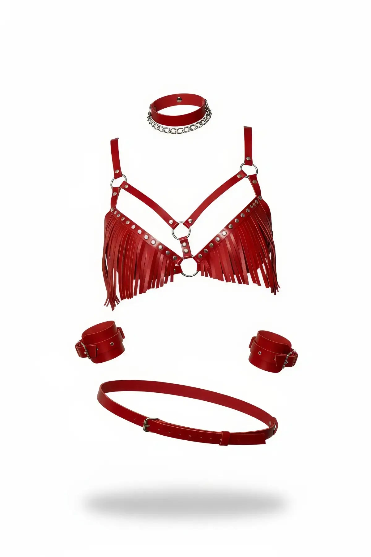 Red fringe bralette harness five-piece set by HarnessClub; vegan leather with fringe, rings, cuffs, choker, waist belt.
