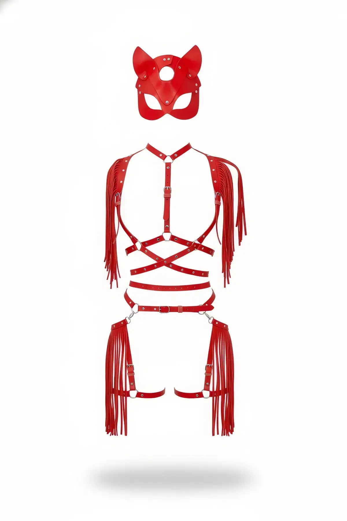 Red fringe full-body harness set with cat-ear mask in vegan leather by HarnessClub