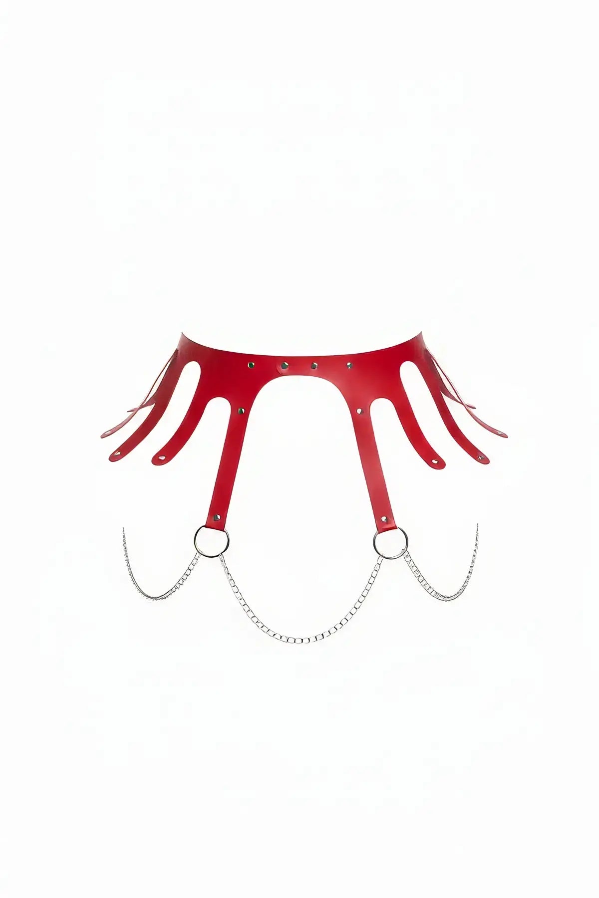 Red fringe waist belt by HarnessClub, faux leather with O-ring chain-drop detail