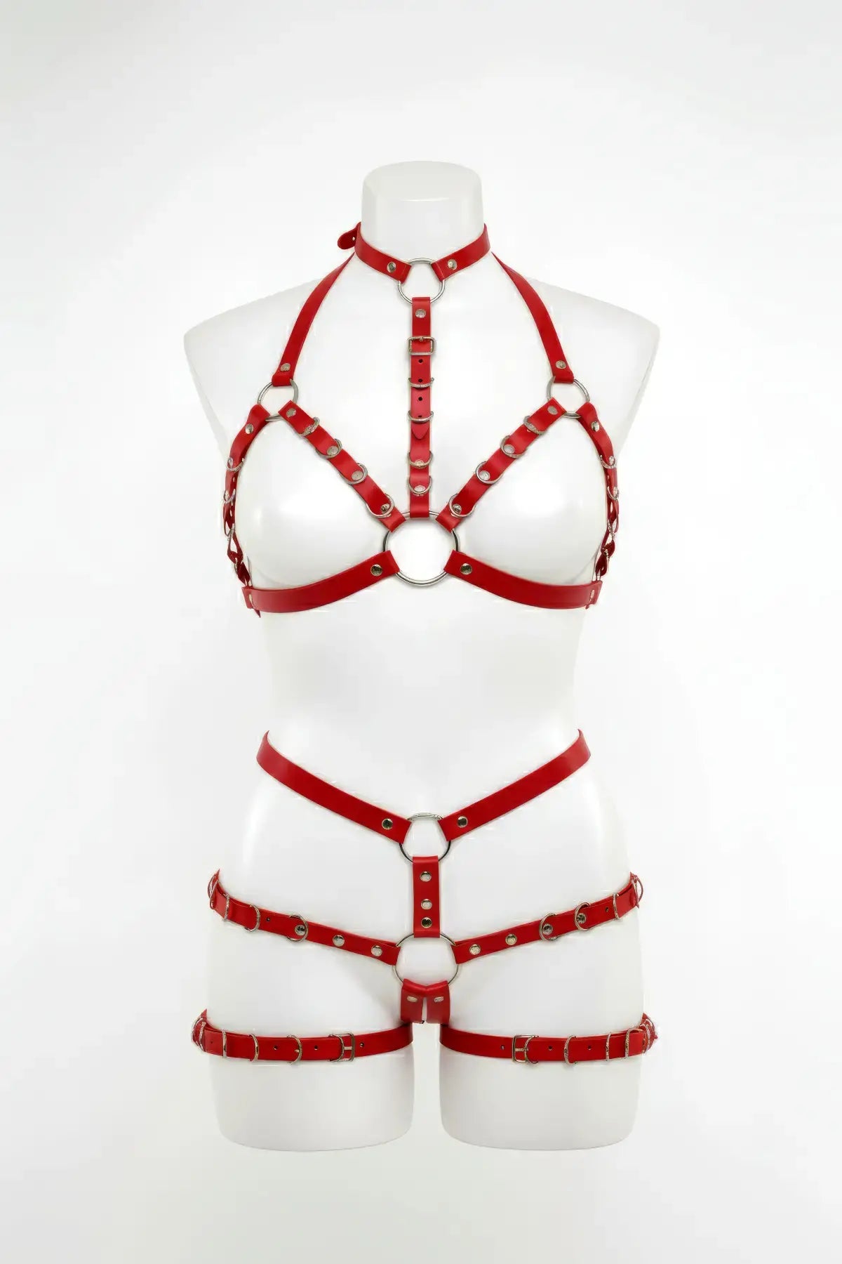Red vegan leather full-body cage harness set by HarnessClub, three-piece on mannequin
