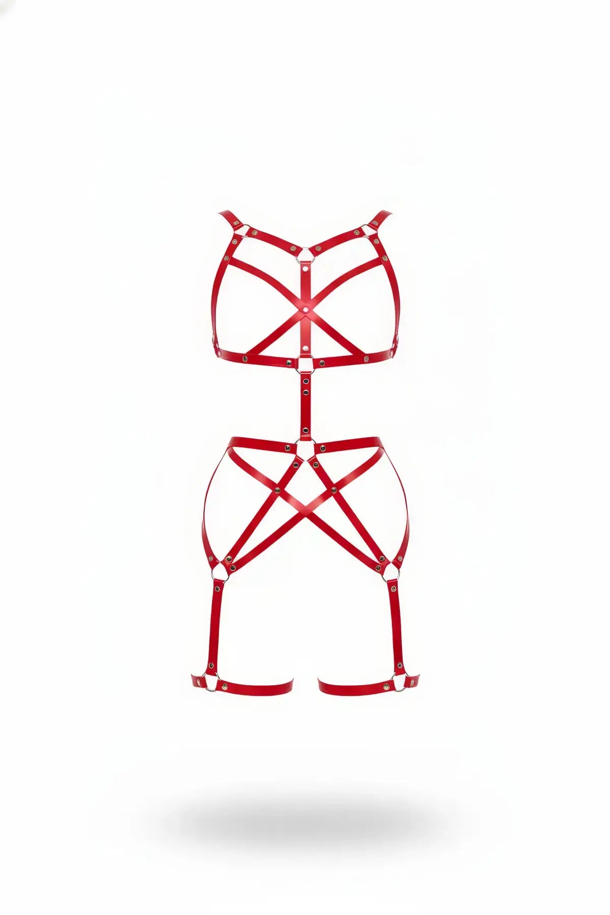 Red Geometric Two-Piece Full-Body Harness Set by HarnessClub; vegan-leather with top and bottom straps.