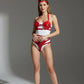 Red glossy vegan-leather bralette and brief harness set with ear headband