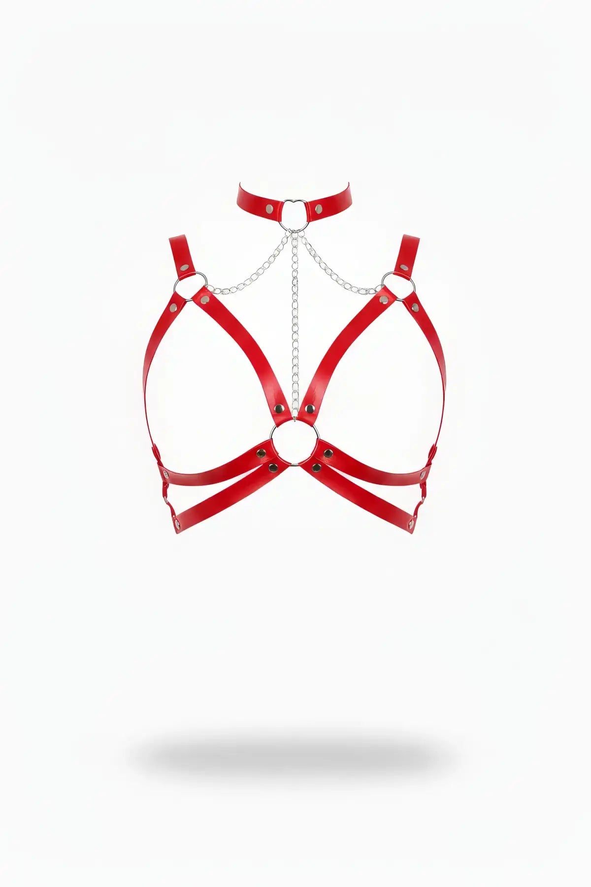 Women's red vegan leather bust harness with chain detailing and ring accents by HarnessClub