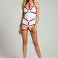 Red vegan leather body harness set by HarnessClub with metal ring buckles worn by model