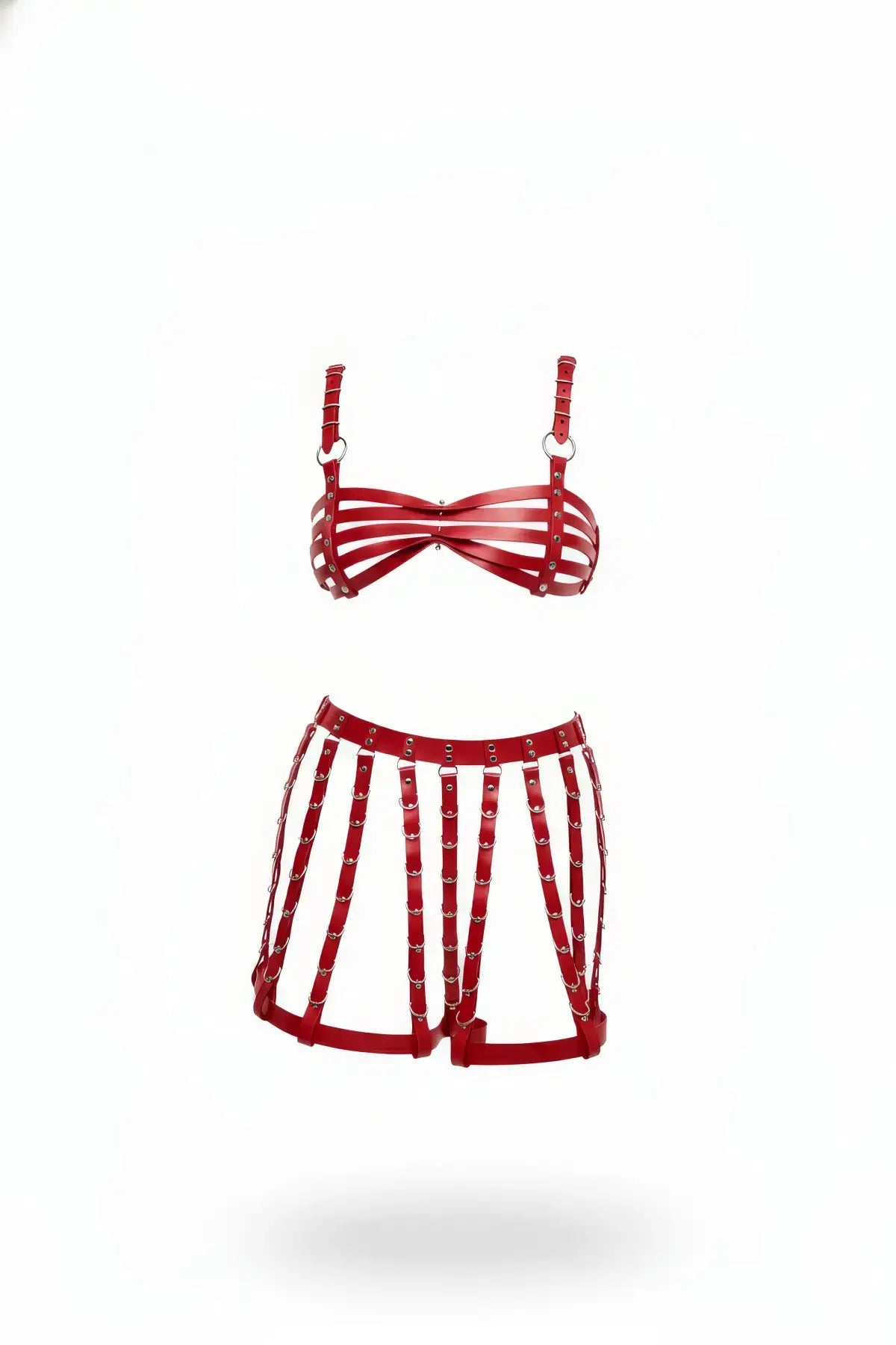 HarnessClub red vegan leather two-piece set: multi-band bralette and cage mini skirt