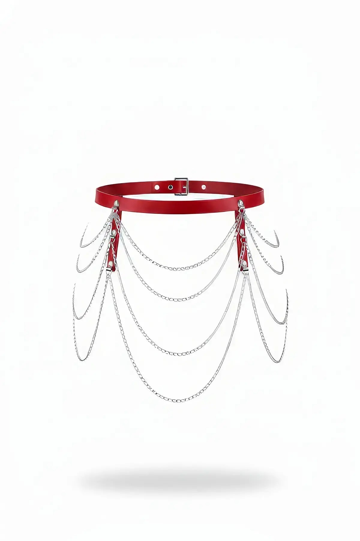 Red vegan-leather waist belt with multi-layer silver cascading chains.